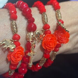 Beautiful Mothers Day Red Rises & Gold Elephant Charmd Beaded Bracelet Set - 4pc
